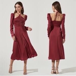 NWT ASTR Cinched Halter Tie Satin Midi Dress Wine Burgundy S Event Cocktail